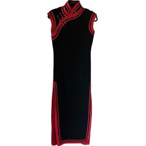 Women’s Black Velvet/Red Brocade Fabric Long Chinese Sleeveless Dress XS/S